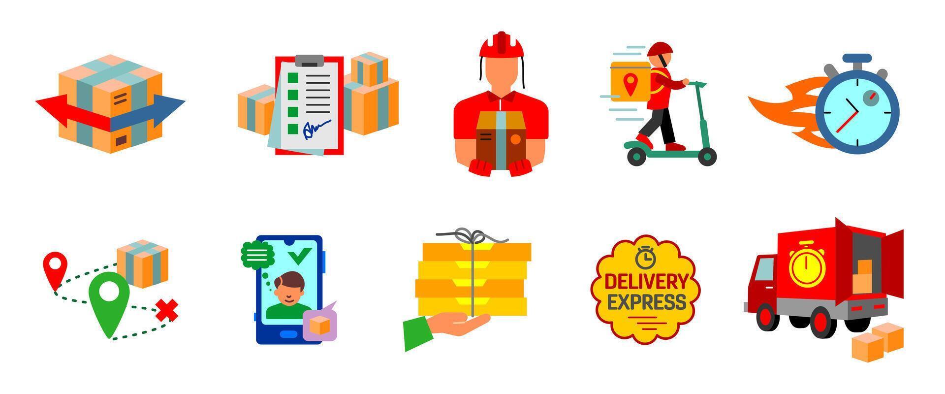 Delivery service icon set. Courier, parcel tracking, express transport, shipping route and logistics colorful elements. Transportation colored symbol. Fast delivery sign. Ecommerce logistics pictogram vector