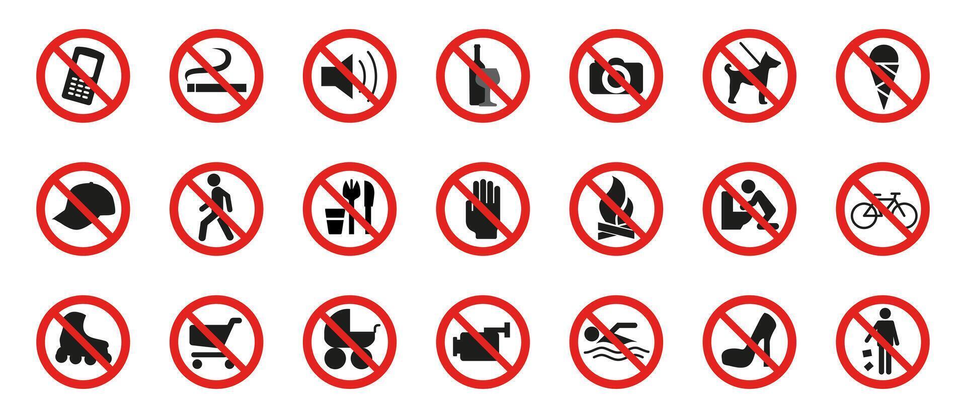 Prohibited actions signs icon set. Universal no symbol illustration. Warning and restriction signs for safety, public rules and security awareness in environments and facilities. Ban signs. vector