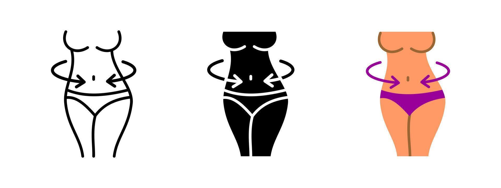 Slim waist icon. Female body with accentuated waist and arrows illustration. Slimming effect sign. Fitness, health and beauty symbol for wellness, weight loss and contouring themes. vector