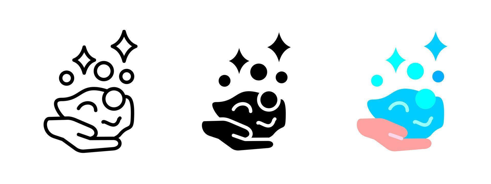Hand washing icon. Hand with soap foam and sparkle bubbles illustration. Hygiene and sanitation symbol. Cleanliness and personal care safety sign. Health protection pictogram. vector