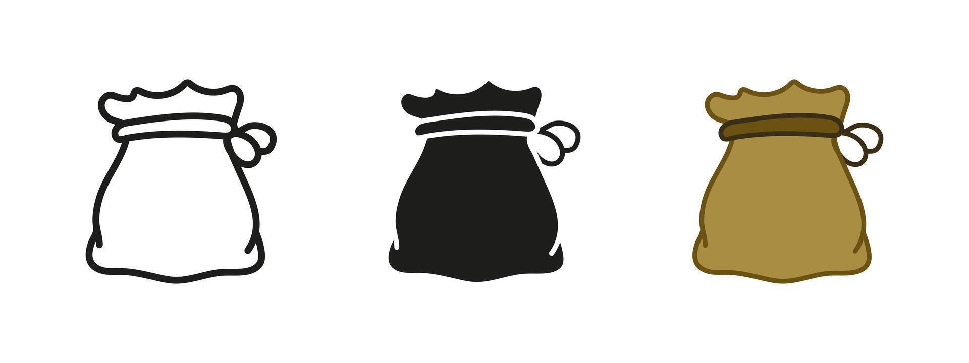 Bag icon. Fabric sack with drawstring illustration. Classic storage pouch tied with ribbon. Container symbol for money, goods or vintage packaging concept. vector