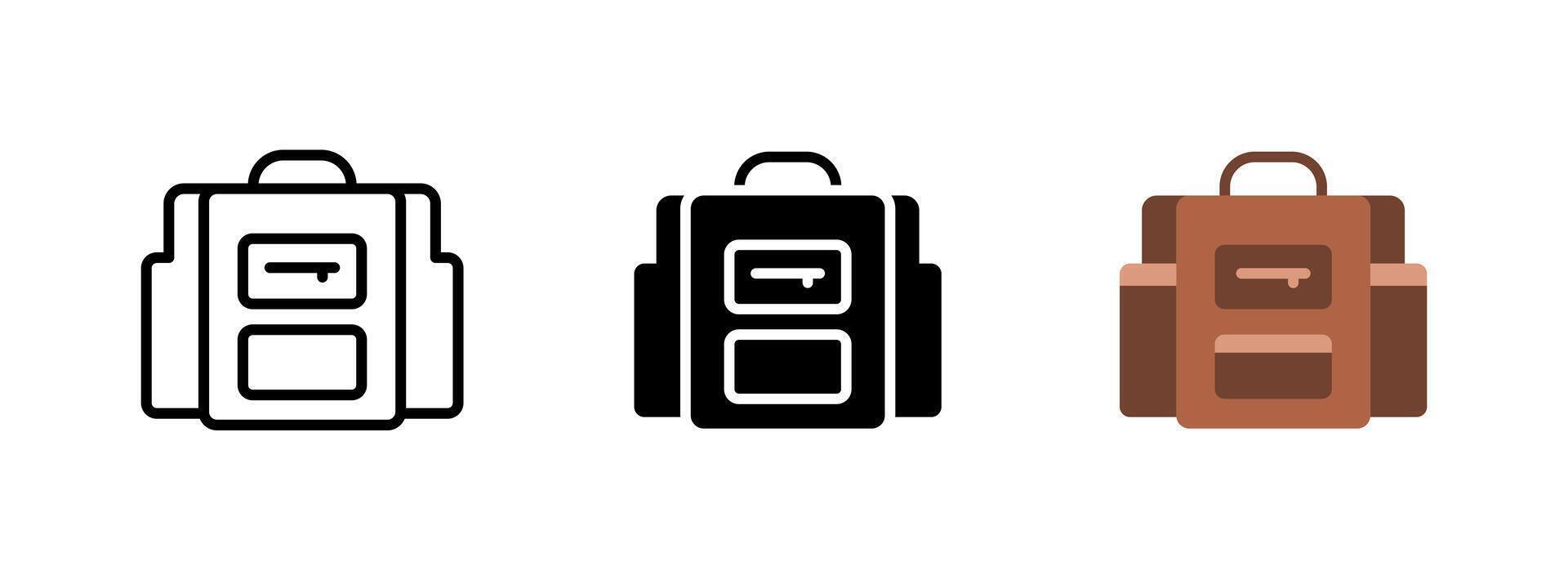 Backpack icon. Travel or school bag with front pockets illustration. Carrying gear and supplies symbol. Student and hiker equipment sign. Luggage and storage pictogram. vector
