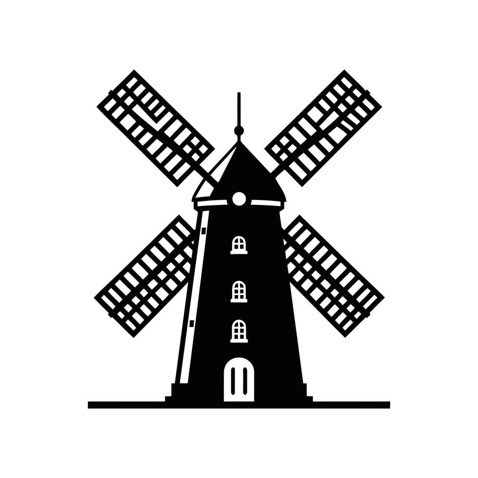 Classic Windmill Farm Silhouette Icon and Logo Style vector