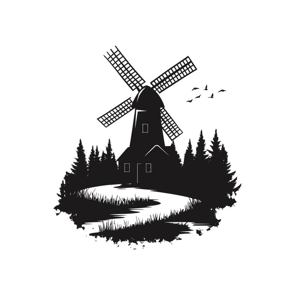 Windmill Farm Silhouette Logo Icon Template Design vector
