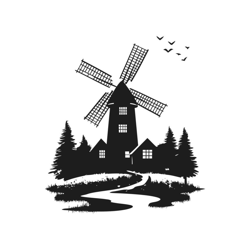 Windmill Farm Silhouette Graphic Icon and Logo vector