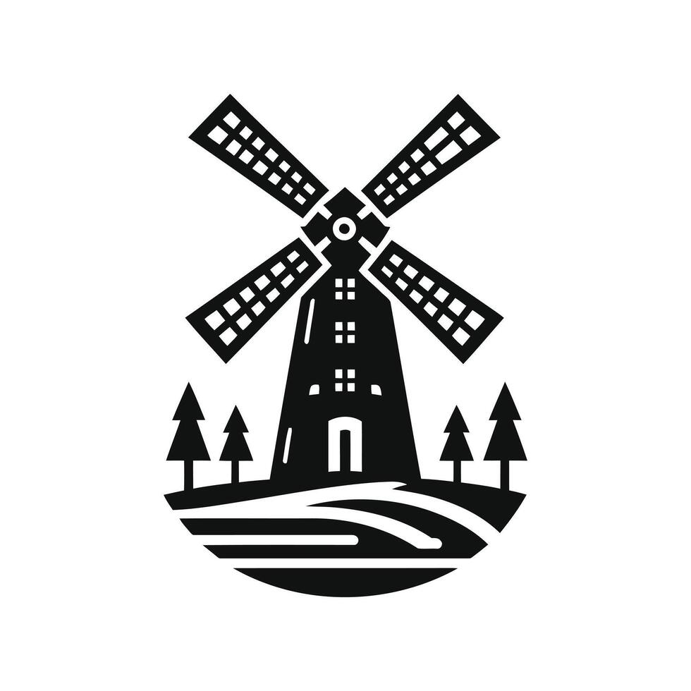 Silhouette Windmill on Hill Minimalist Icon Logo Design vector