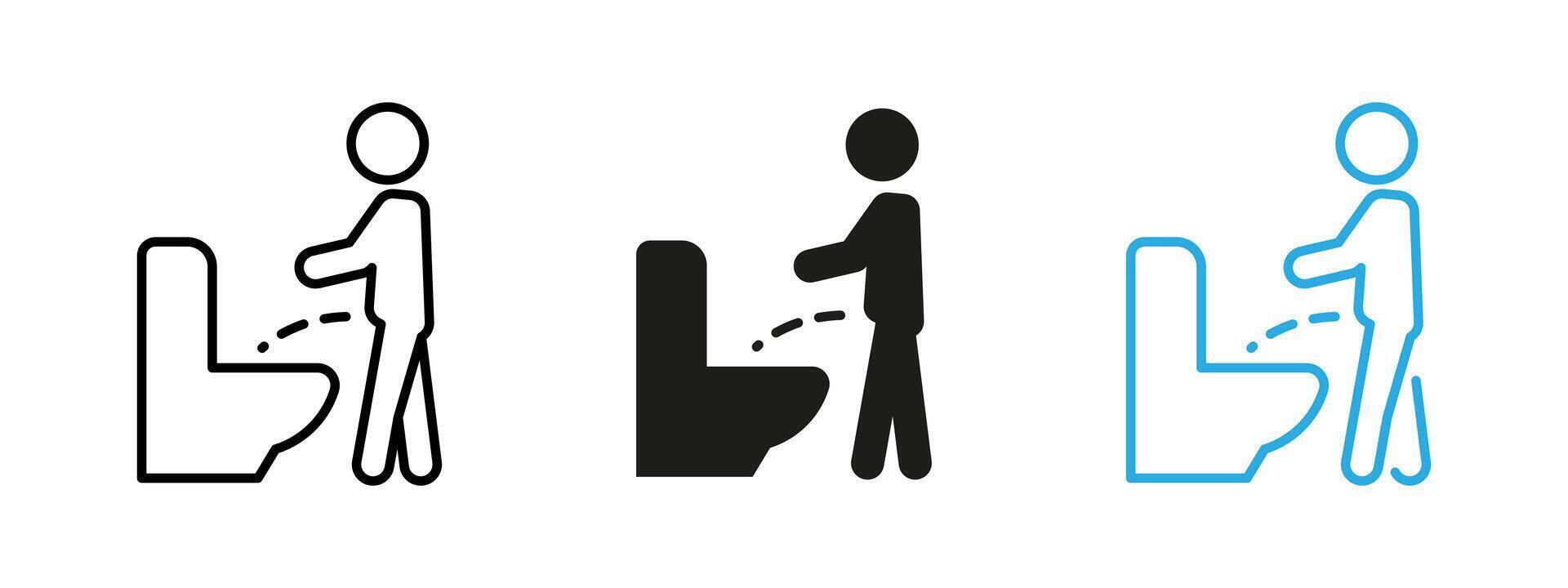 Urination icon. Silhouette of a man peeing into a toilet while standing illustration. Restroom pictogram representing male hygiene, public bathroom facilities and sanitary behavior. vector