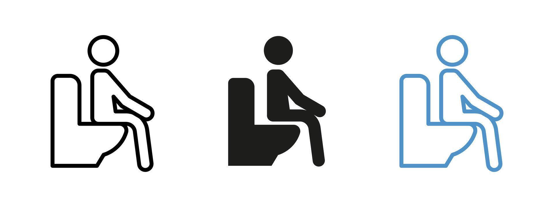 Toilet sitting icon. Person sitting on a toilet seat illustration. Restroom behavior symbol used in hygiene, public facilities and bathroom signage. Sanitation and health-related infographic. vector