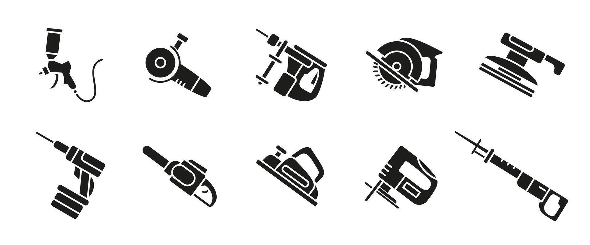 Power tools black icon set. Construction and repair glyph illustration. Electric and pneumatic equipment symbols for carpentry, building, industrial work and handyman toolkits. vector