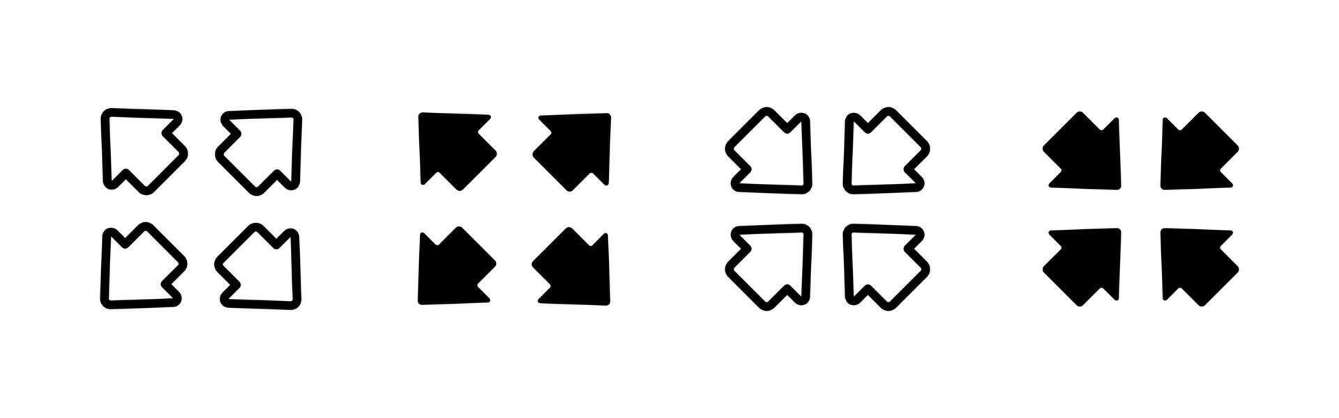 Inward arrows icon. Four arrows pointing toward the center illustration. Compression or collapse symbol for user interface, layout controls or screen minimization actions. vector