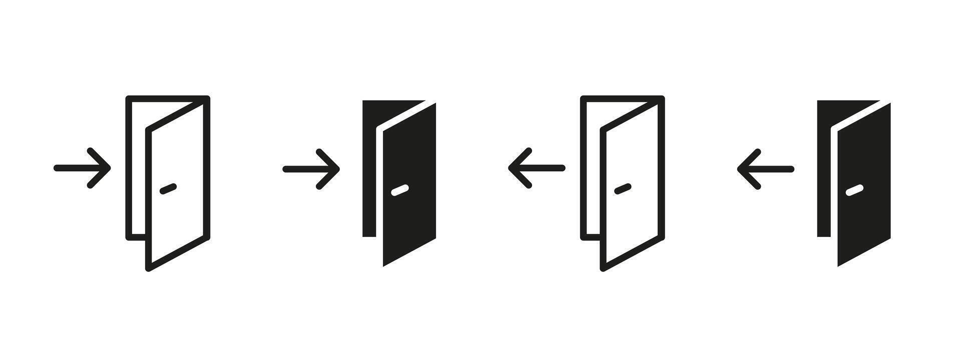 Enter and exit door icon. Open door with directional arrows illustration. Symbol indicating entry or leaving through a doorway. Used in navigation systems, emergency exits and user interface. vector
