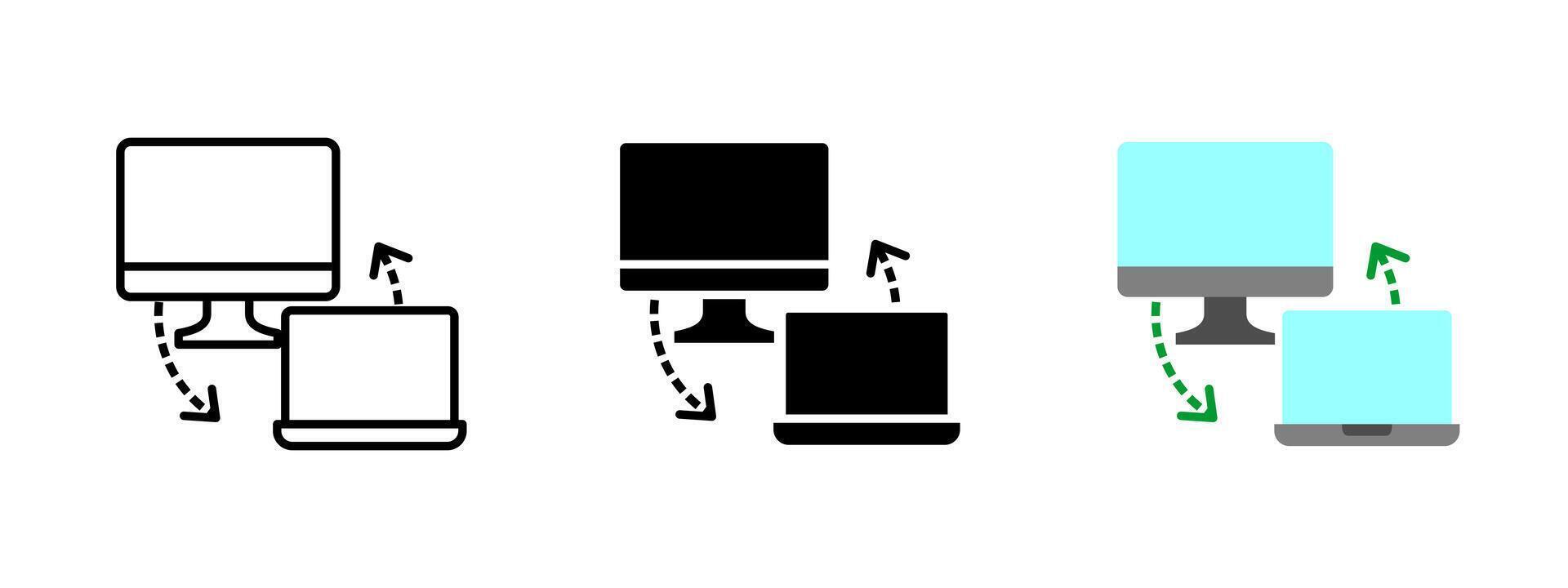 Data transfer icon. Desktop monitor and laptop with arrows illustration. File sharing and synchronization symbol. Digital communication between devices sign. Technology connection pictogram. vector