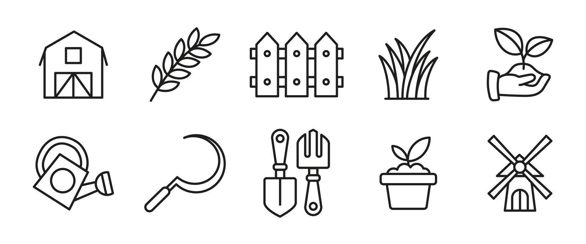 Agriculture outline icon set. Line illustrations of farm tools, plants and growth. Farming and gardening symbols for agricultural apps, eco projects and rural development materials. vector