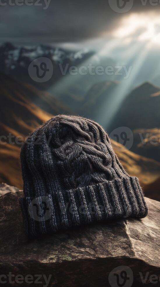 Grey knit beanie on rock with sunrays and mountains, concept of warmth outdoors photo