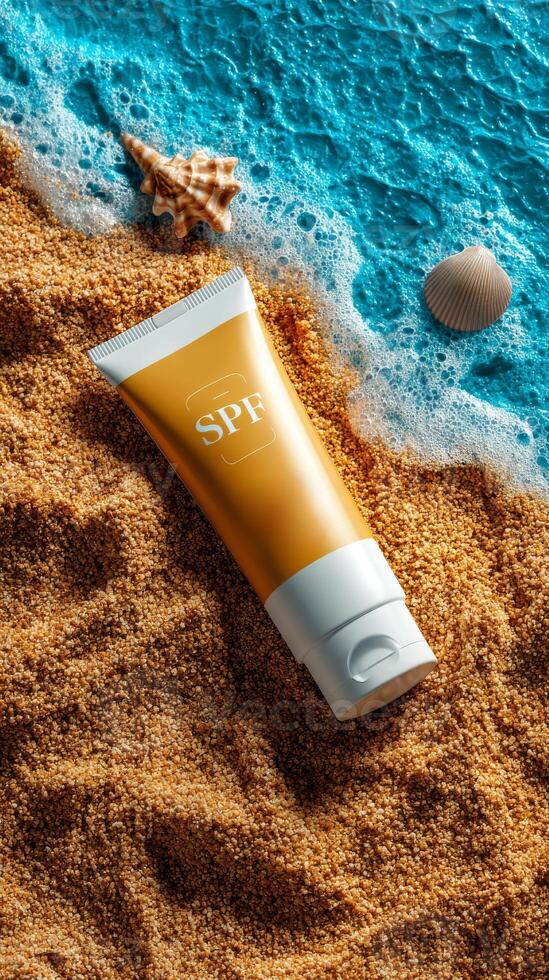Sunscreen cream tube on sandy beach with seashells and ocean waves, summer skincare concept photo