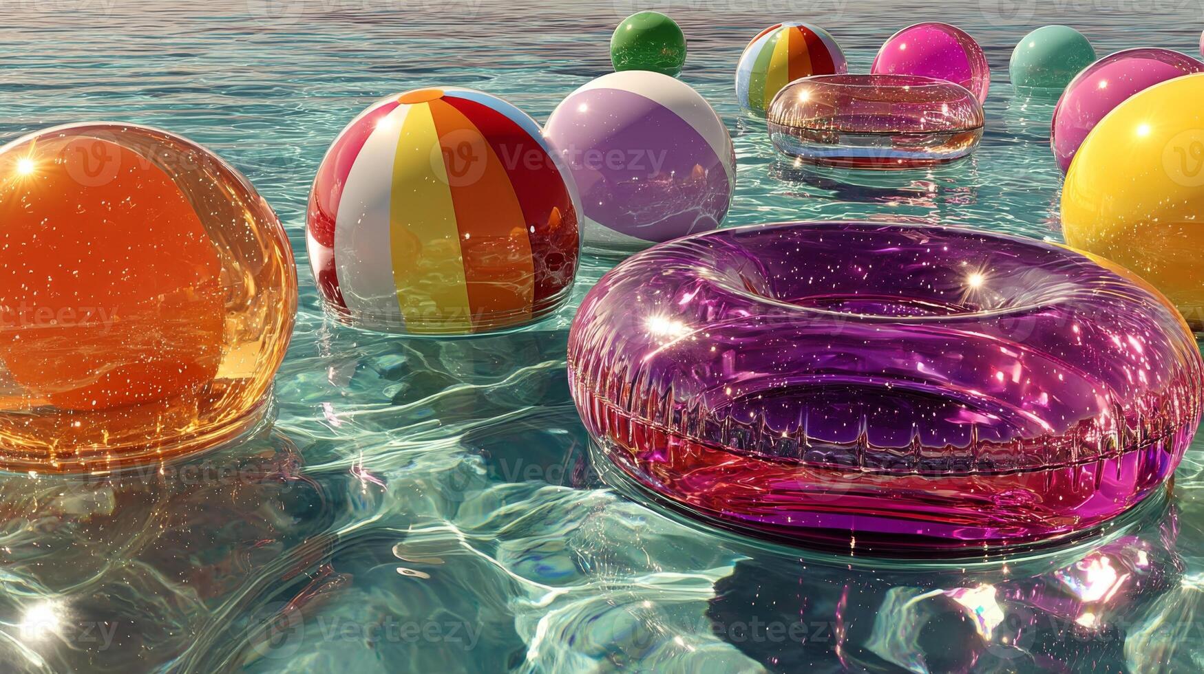 Colorful beach balls and floats on a clear ocean surface, summertime fun concept photo