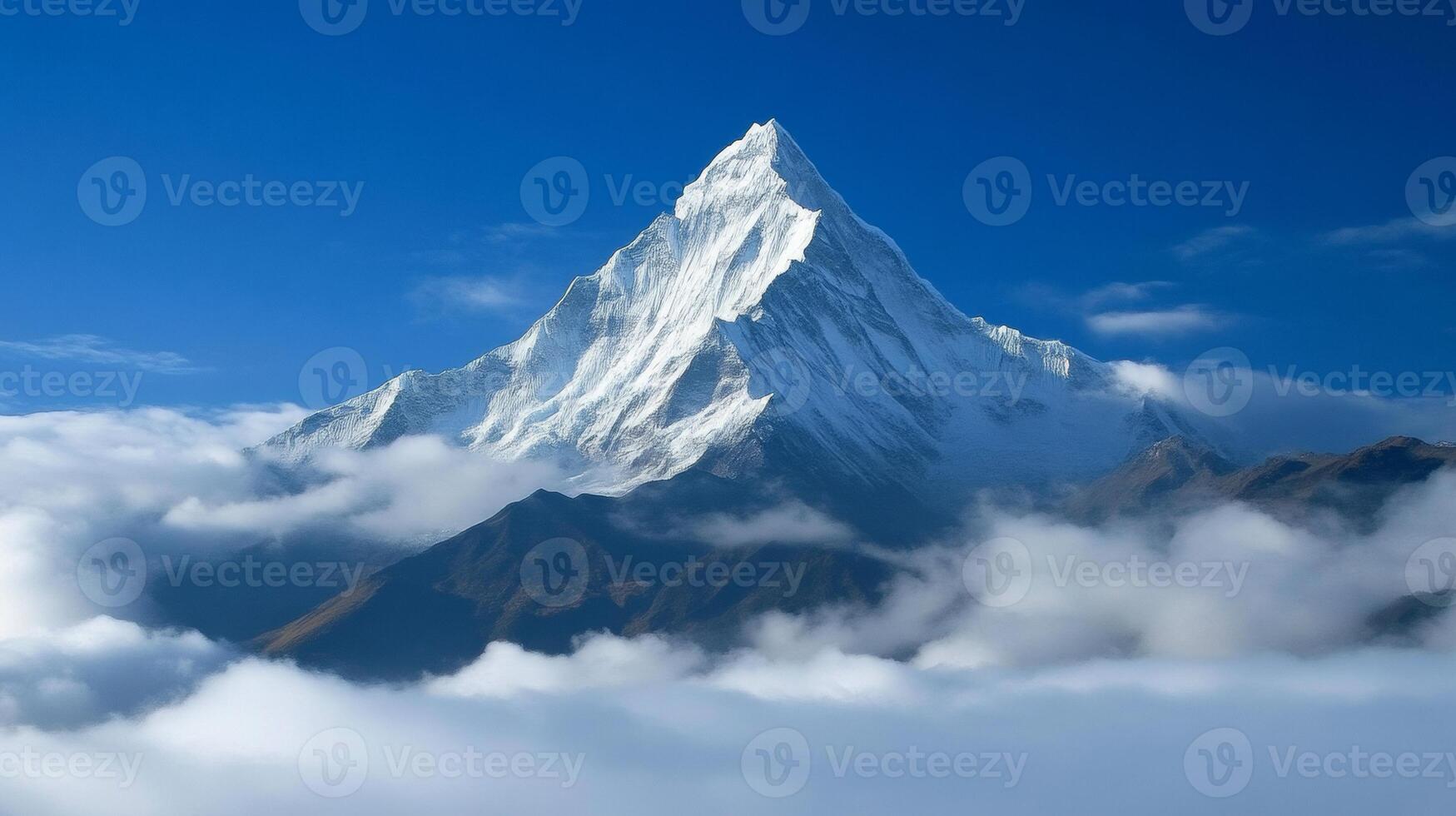 Majestic snow-capped mountain peak emerging from clouds under blue sky photo