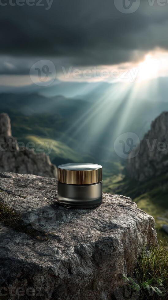 Luxurious cream jar on stone with sun rays in a dramatic mountain landscape photo