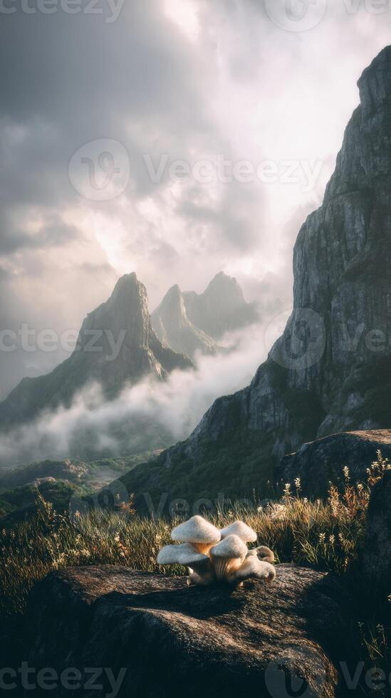Mushrooms growing on rock with majestic misty mountains in the background photo
