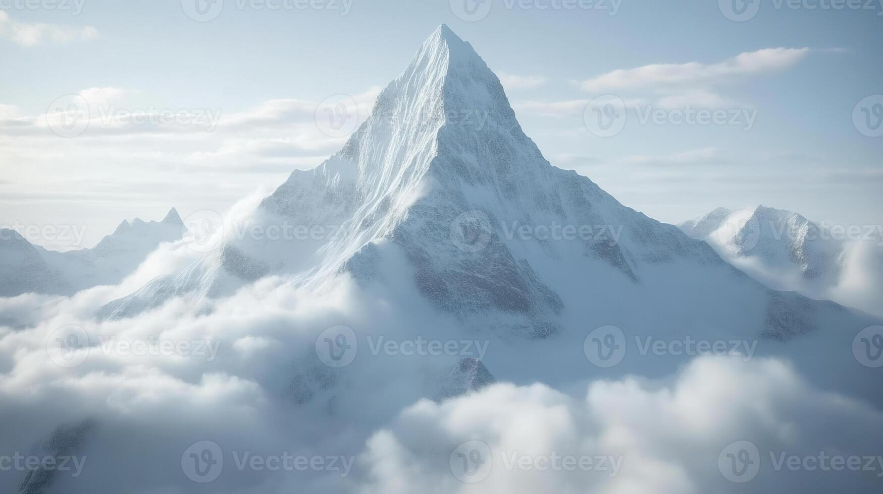 Majestic snow-covered mountain peak emerging through clouds in daylight photo