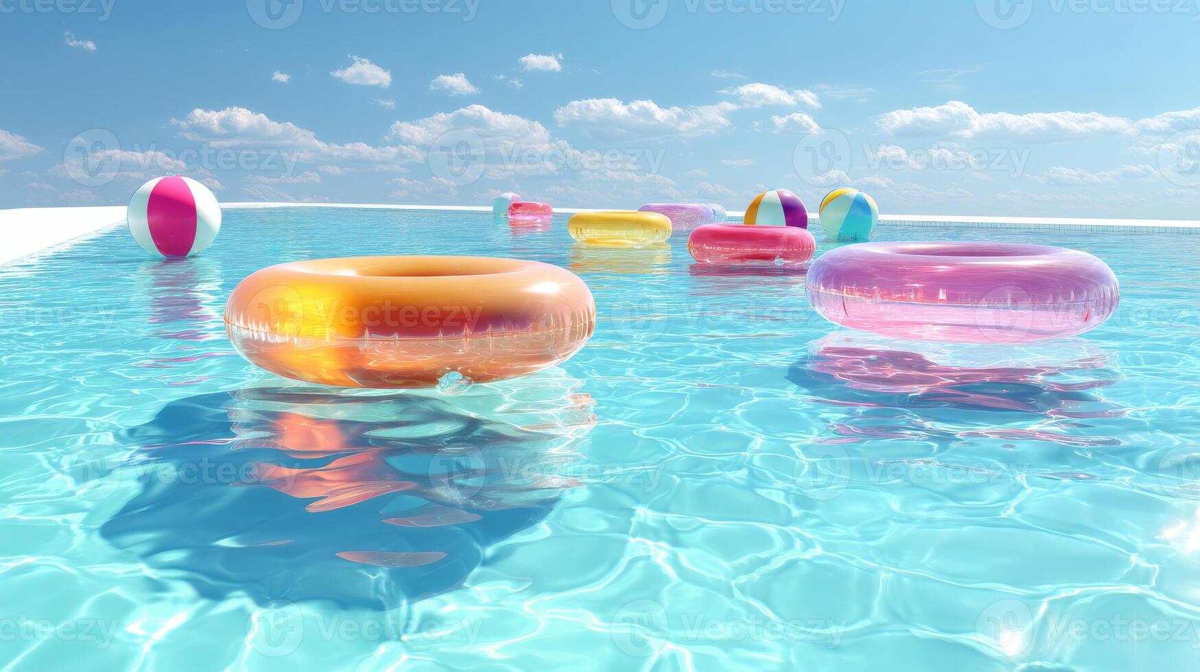 Colorful pool floats and beach balls in a clear blue pool under a sunny sky photo