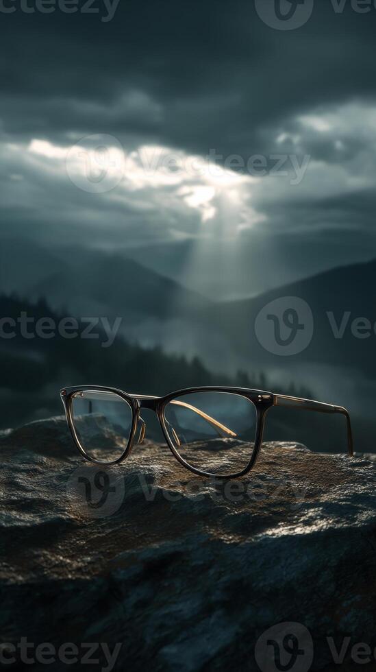 Eye glasses on a rocky surface under dramatic cloudy sky in moody landscape photo