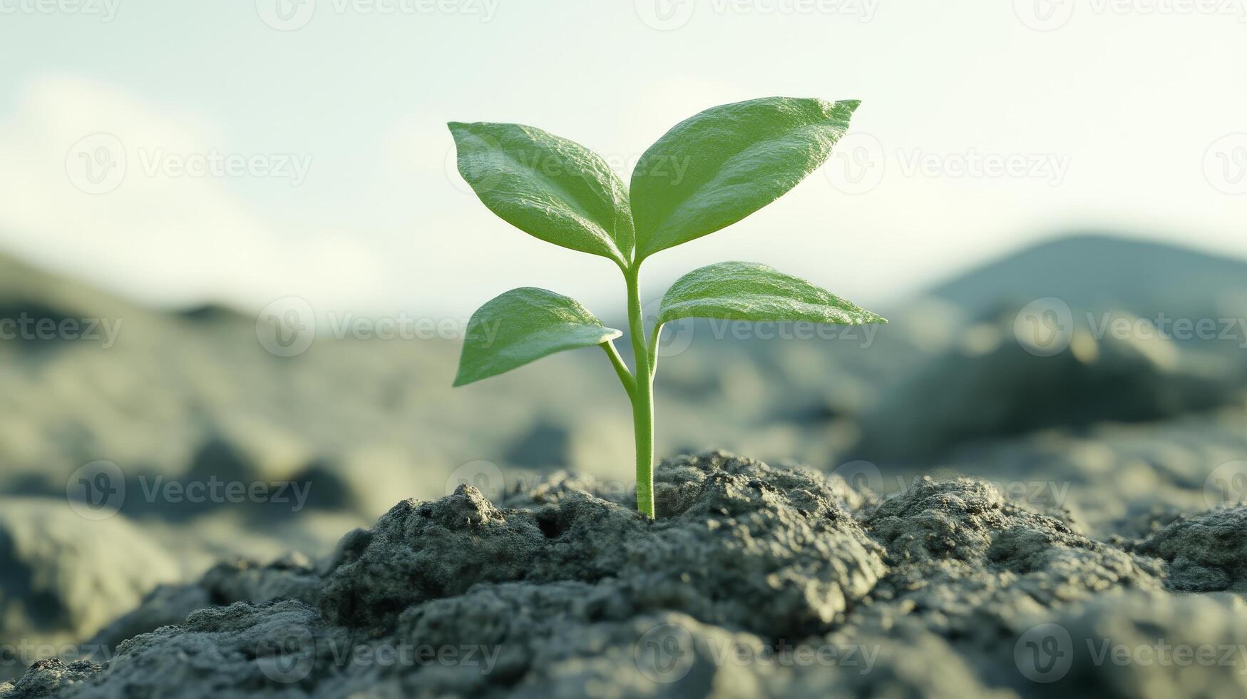 Young green plant sprouting from cracked soil under soft light, symbolizing hope photo