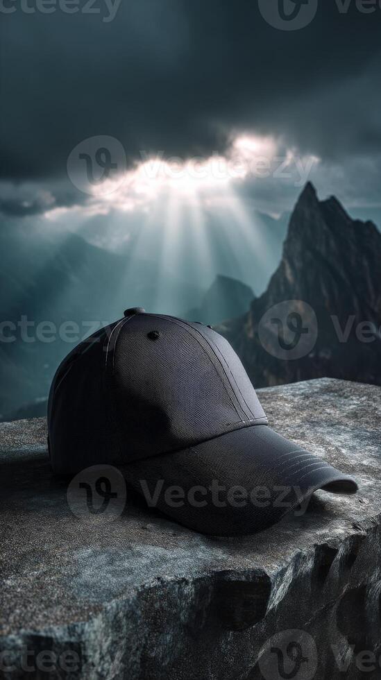 Black cap on stone ledge with dramatic mountain background and sun rays photo