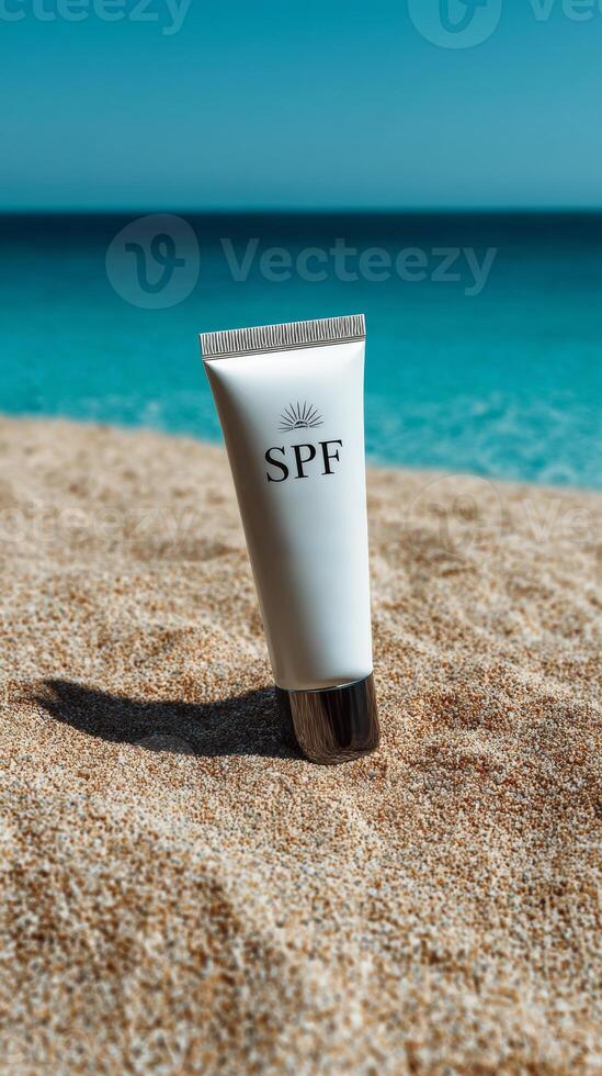 Sunscreen cream tube on sandy beach with blue ocean backdrop, summer skincare promo photo