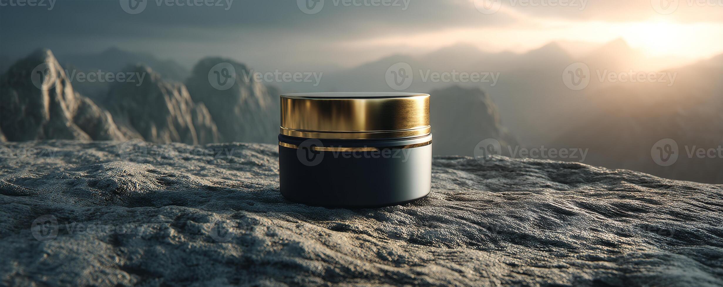 Black and gold cosmetic jar on rocky surface under dramatic sky, product photography photo