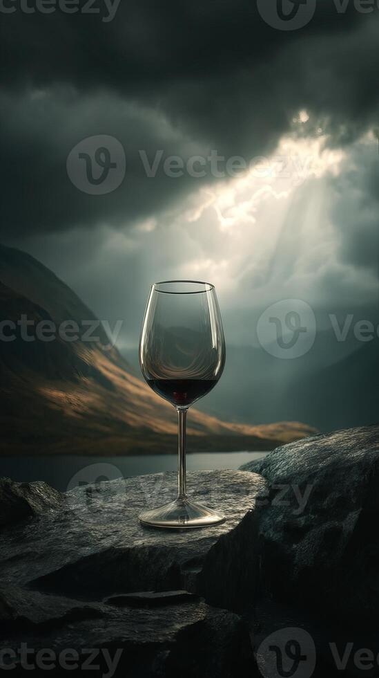 Wine glass with red wine on rocks under dramatic sky with sun rays, digital art photo