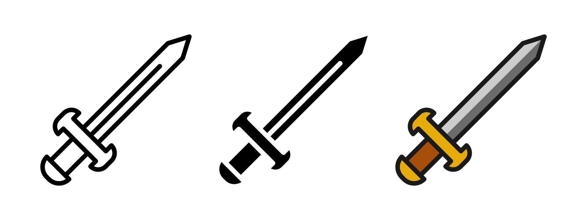 Sword icon. Straight-edged medieval blade with cross-guard illustration. Classic steel weapon symbol. Combat and battle pictogram for fantasy games, knight equipment sets or military themes. vector