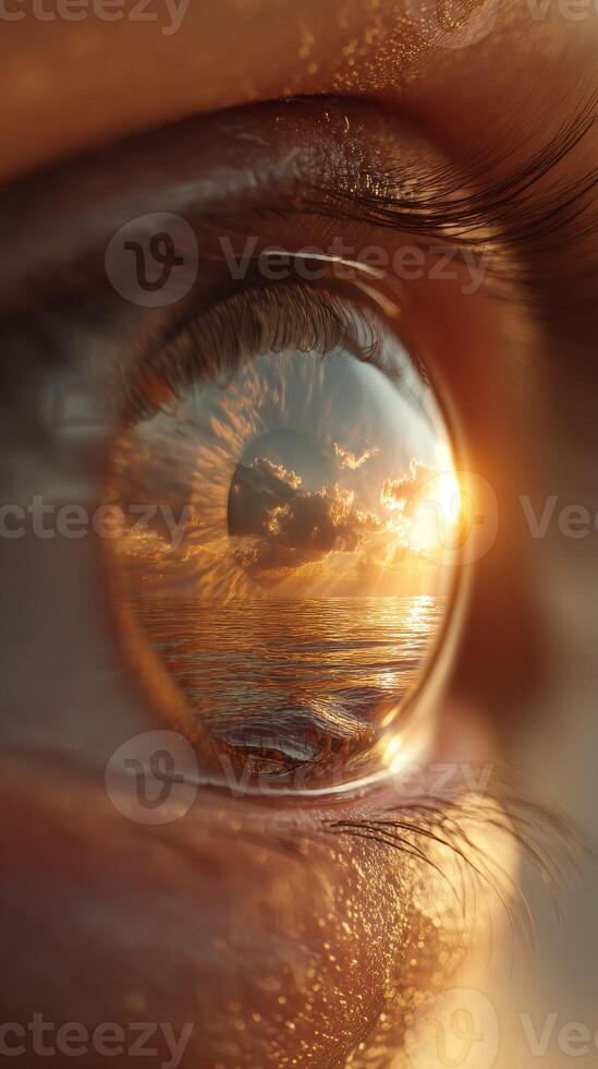 Reflection of a sunset over ocean seen in human eye close-up and surreal imagery photo