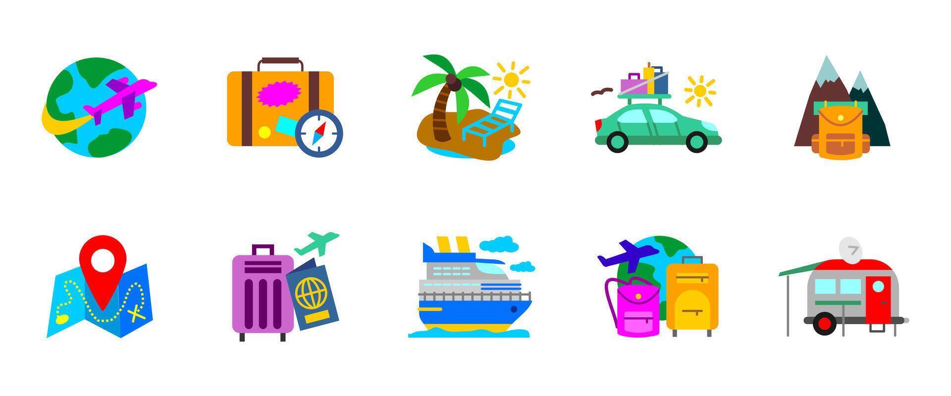 Travel and vacation icon set. Journey colorful elements with airplane, cruise, camping and map illustration. Tourism and holiday symbol. Trip planning and adventure sign. Exploration pictogram. vector