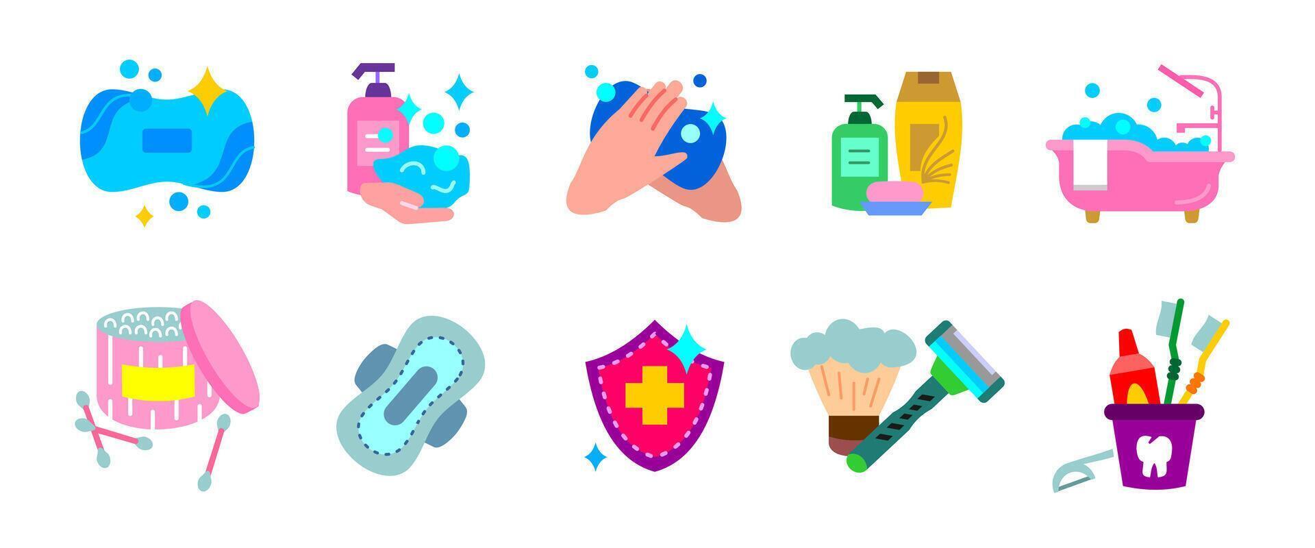 Personal hygiene icon set. Soap, handwashing, toothbrush, skincare products, shaving tools and bath colorful accessories. Cleanliness and daily care routine colored symbol. Sanitary care pictogram. vector