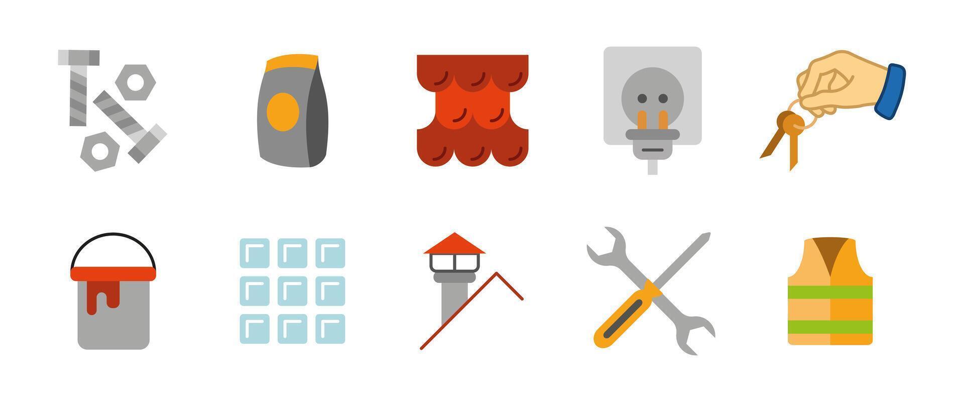 Home repair and construction icon set. Cartoon illustrations of tools, safety gear, materials and electrical components. Suitable for building renovation, engineering and interior design projects vector
