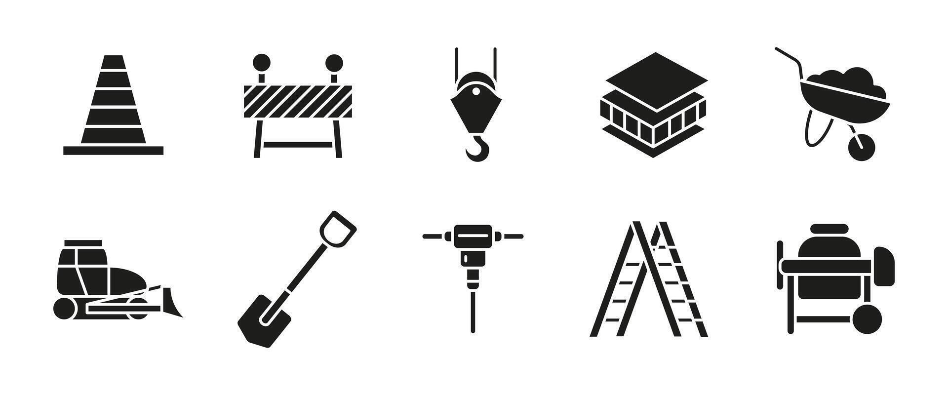 Construction glyph icon set. Building tools and equipment black illustration. Site safety, machinery and repair symbols. Industrial elements for architecture and roadwork design projects. vector