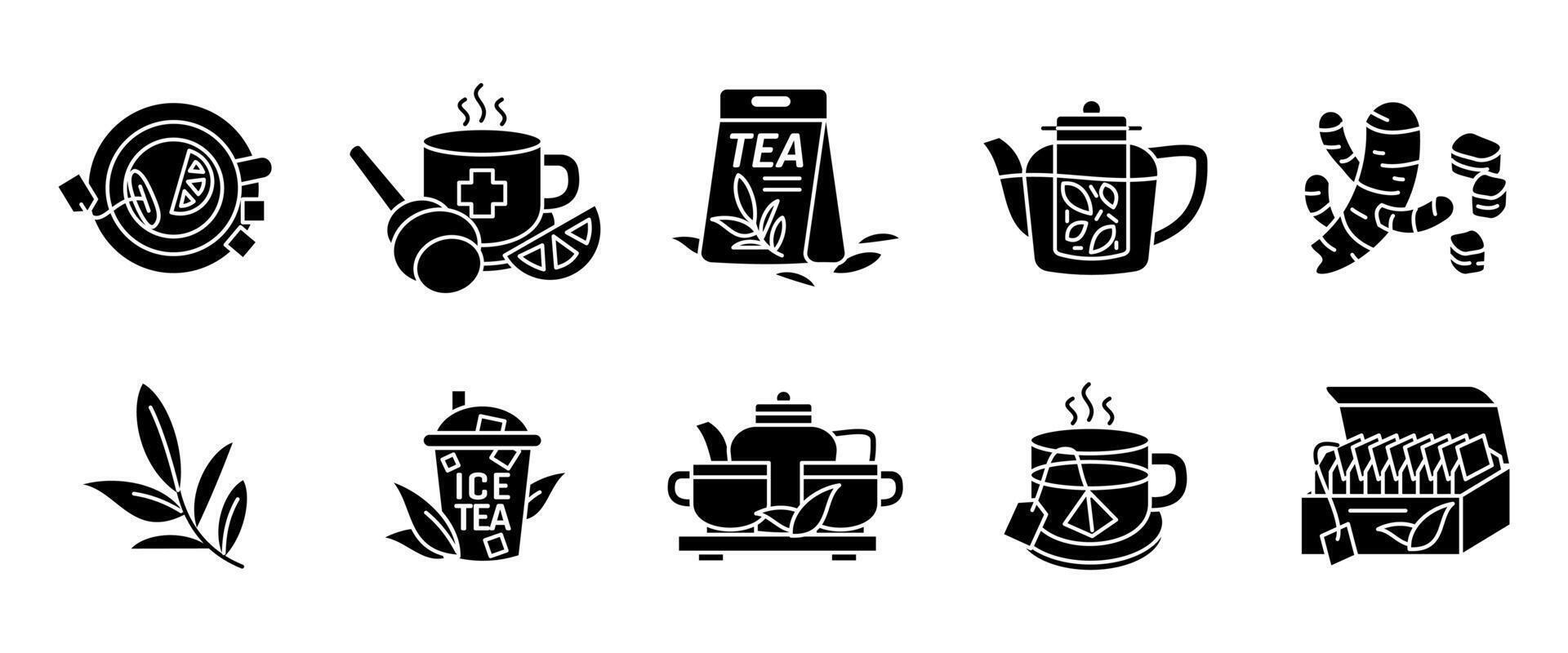 Tea icon set. Collection of black tea elements like teacup, teapot, teabag, herbs, lemon, ginger and honey glyph illustration. Herbal infusion and hot drink symbol. Healthy beverage and wellness sign. vector