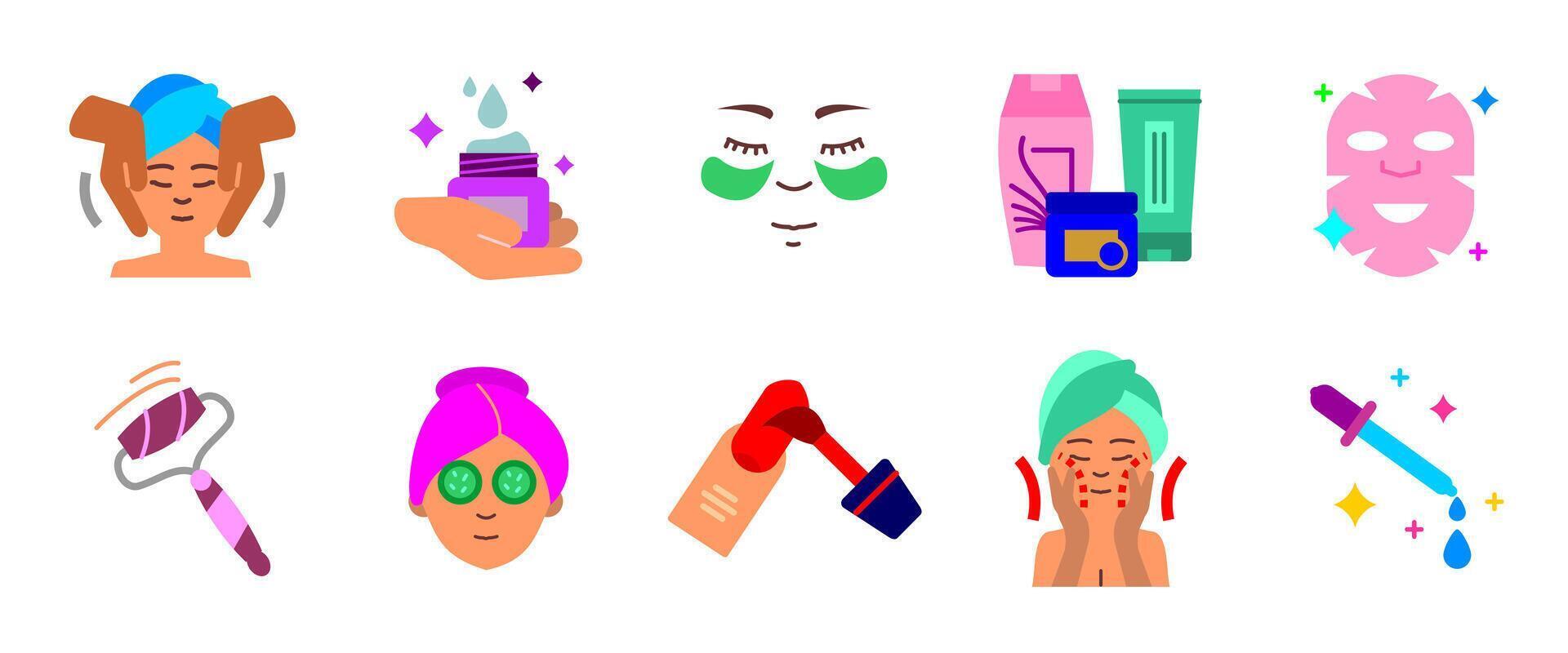Skincare icon set. Beauty care elements including face masks, creams, rollers and cosmetic bottles. Facial treatment and wellness routine colorful symbol. Spa sign. Hygiene and self-care pictogram vector