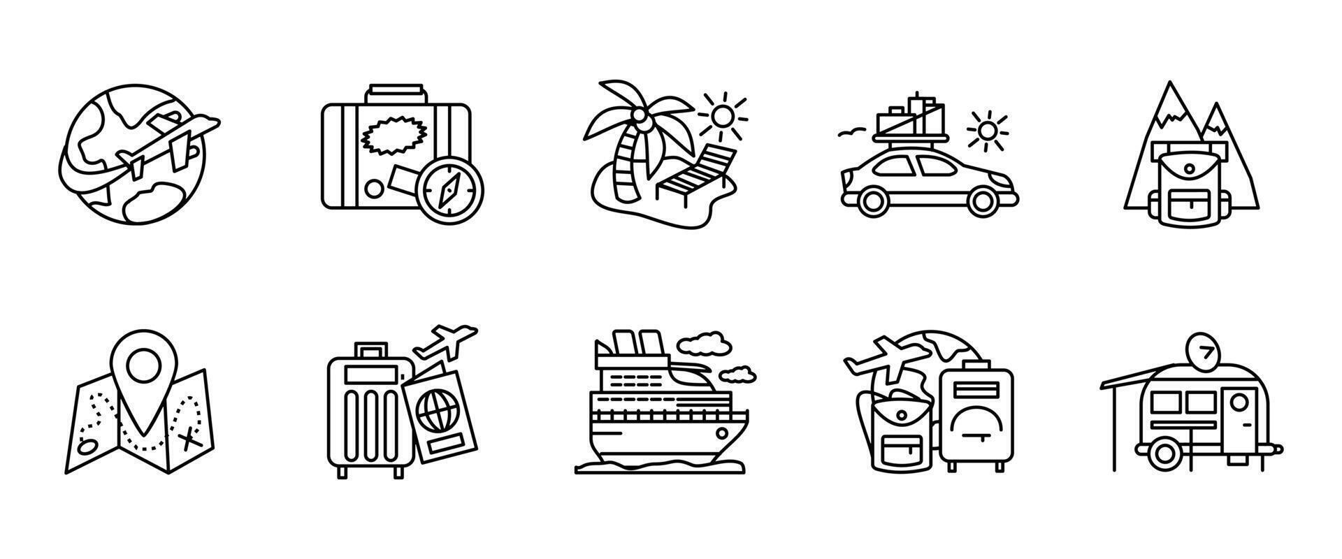 Travel and vacation icon set. Journey outline elements with airplane, cruise, camping and map illustration. Tourism and holiday symbol. Trip planning and adventure sign. Exploration pictogram. vector