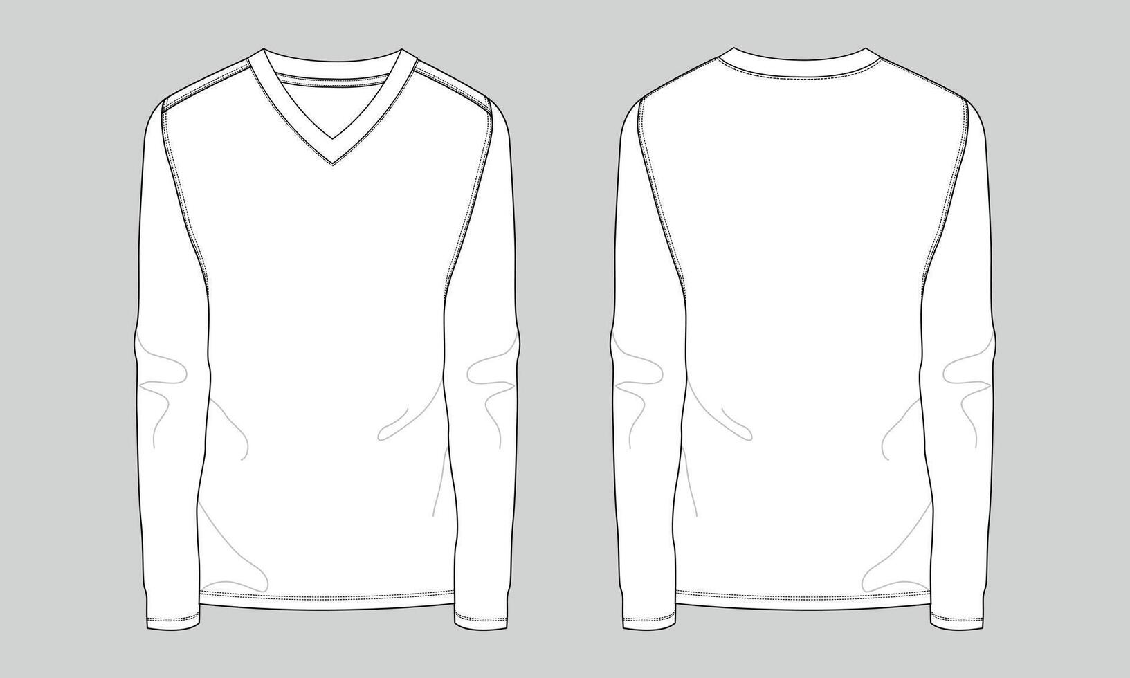 Slim fit v neck t shirt technical drawing fashion flat sketch template front and back views. vector