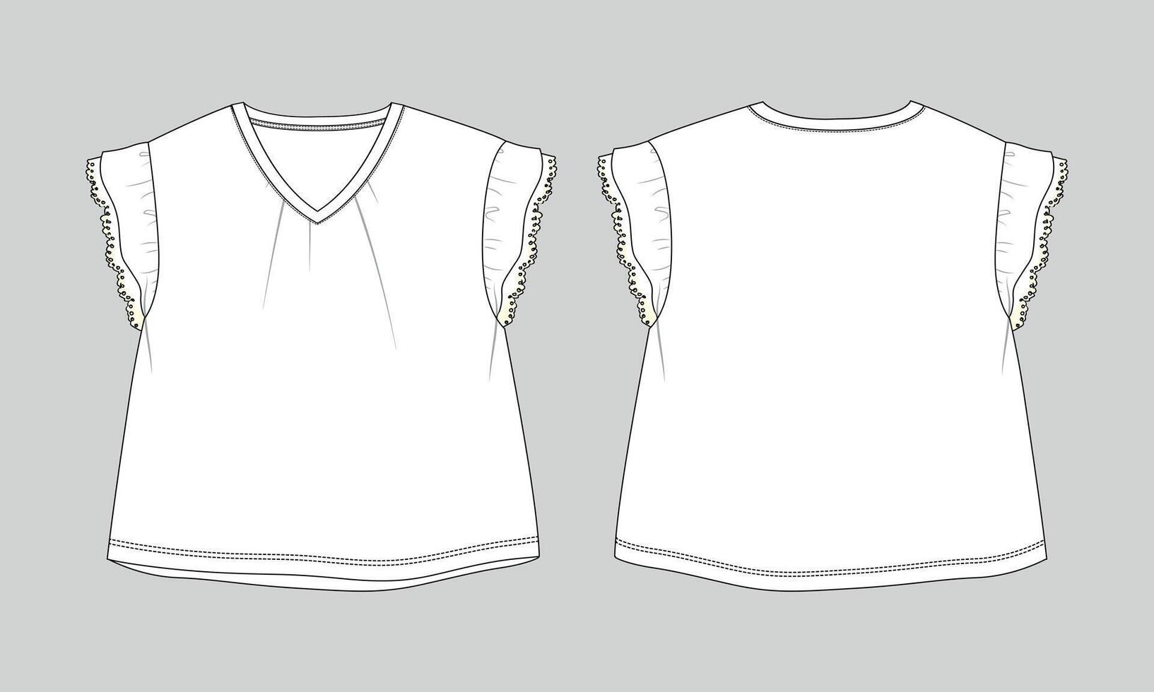 V neck dress design technical drawing template for baby girls vector