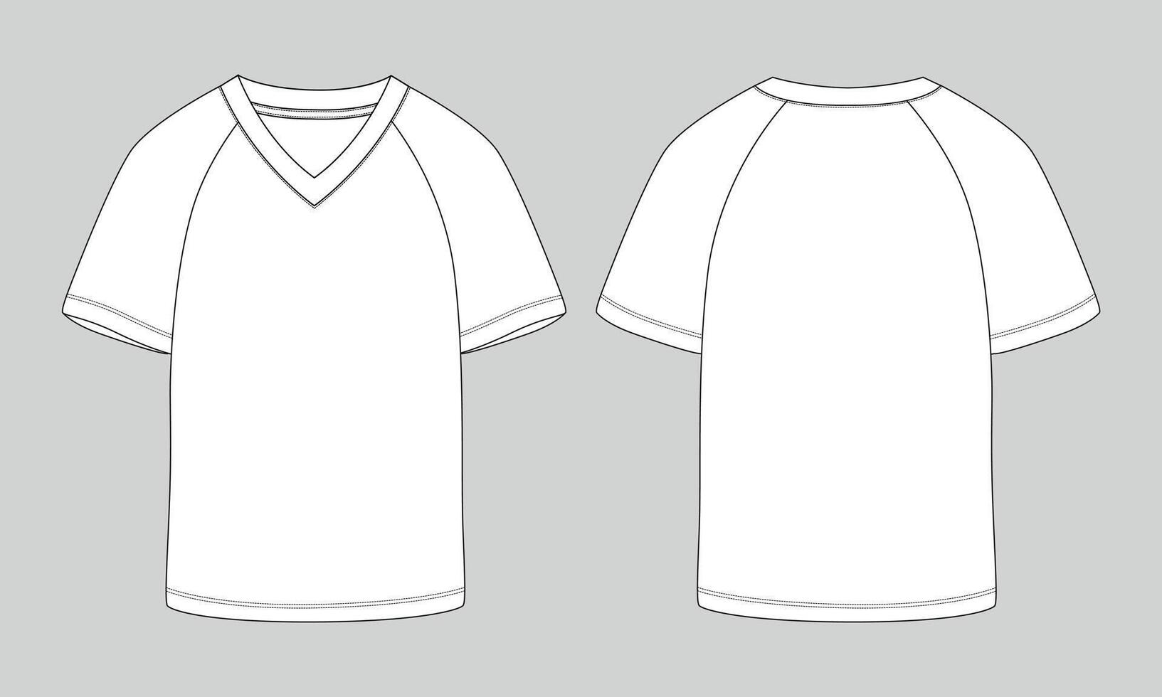 V neck raglan t shirt technical drawing template front and back vector