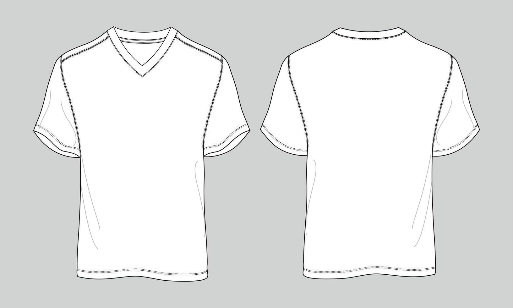 V neck short sleeve t shirt technical drawing template front and back vector