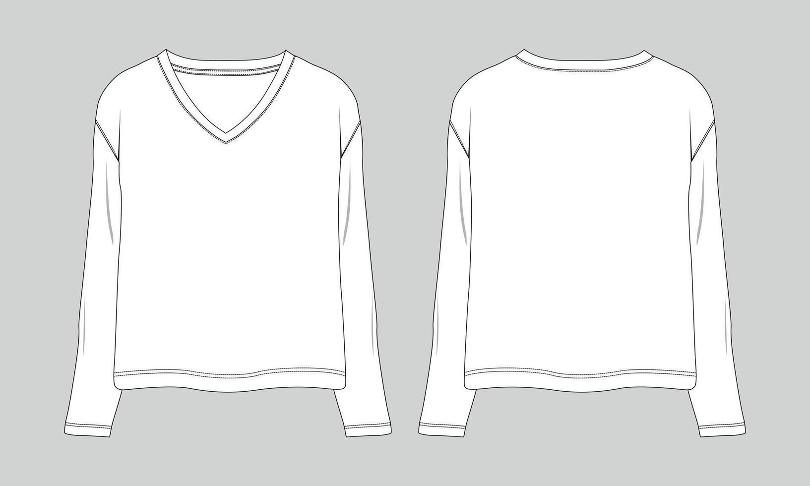 V neck long sleeve t shirt blouse technical drawing fashion flat sketch template vector