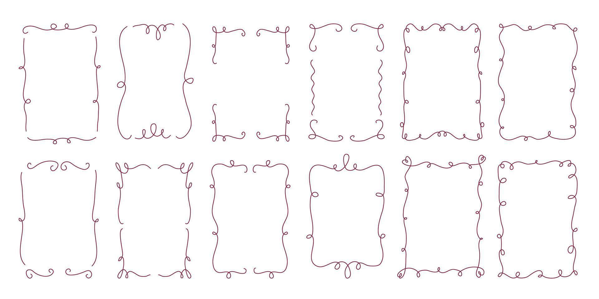 Collection of red whimsical frames in coquette style. Minimalist freehand line art. Layout for invitation, card, poster, cover. Trendy design for birthday, wedding, etc. vector
