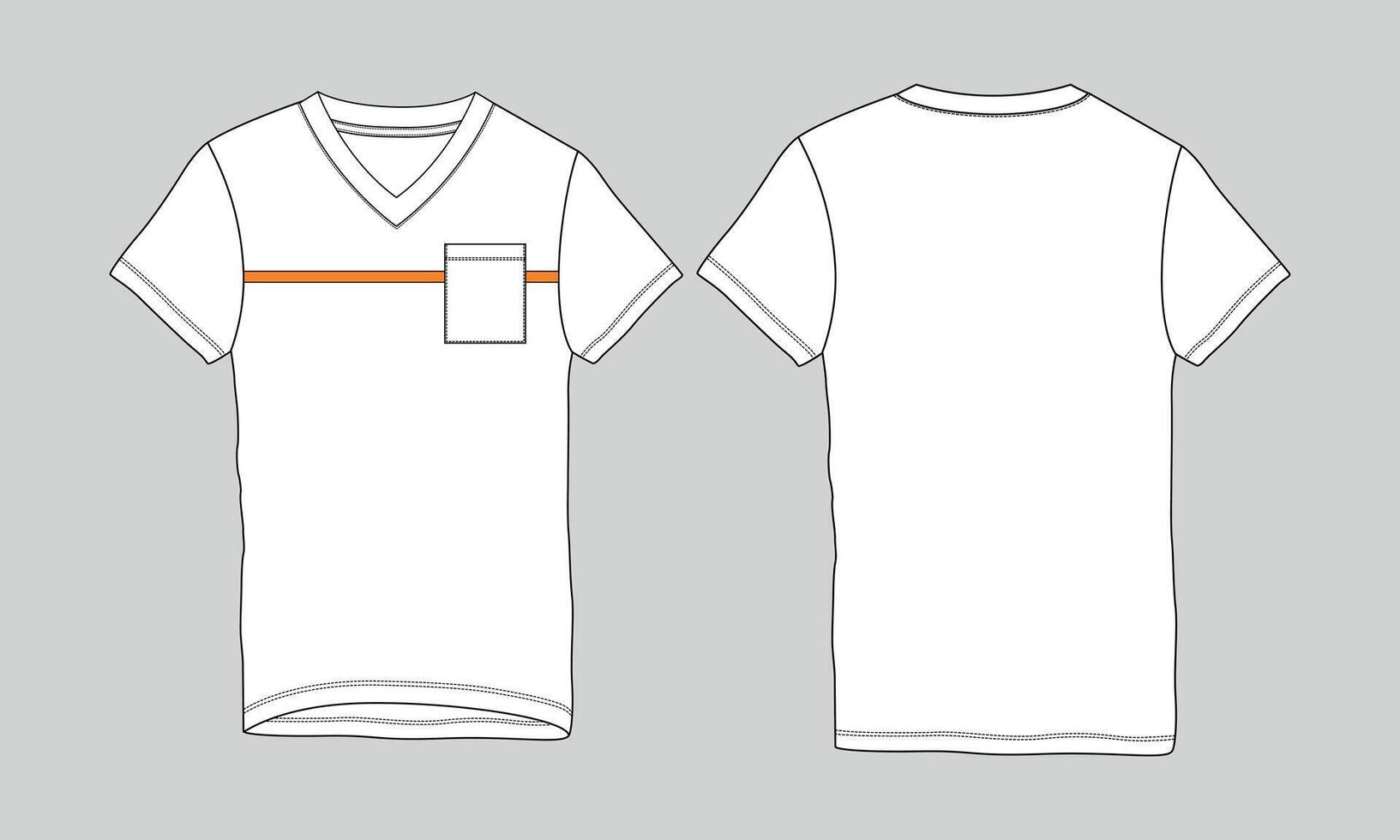 V neck t shirt with pocket technical drawing template vector