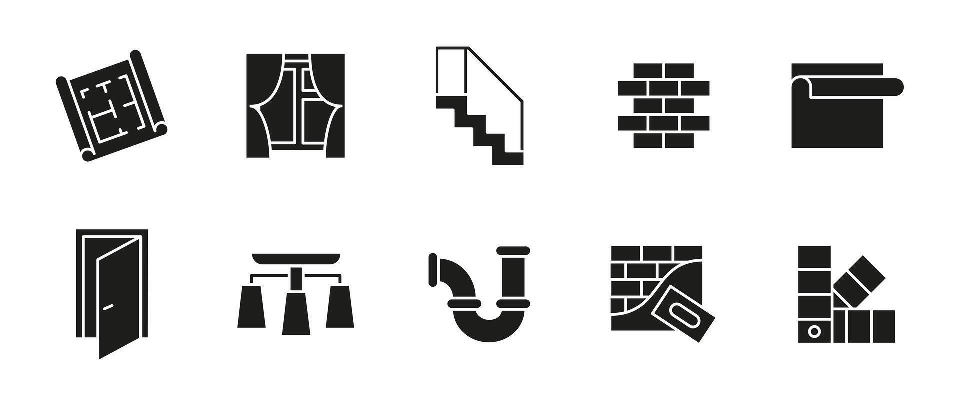 Home renovation glyph icon set. Interior repair and construction black illustration. Tools, materials and design elements for remodeling, architectural planning and home improvement projects. vector