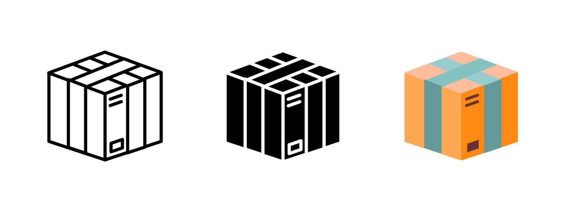 Package icon. Isometric cardboard box with tape and label illustration. Parcel and shipping symbol for delivery and logistics services sign. Postal mail and cargo pictogram. vector