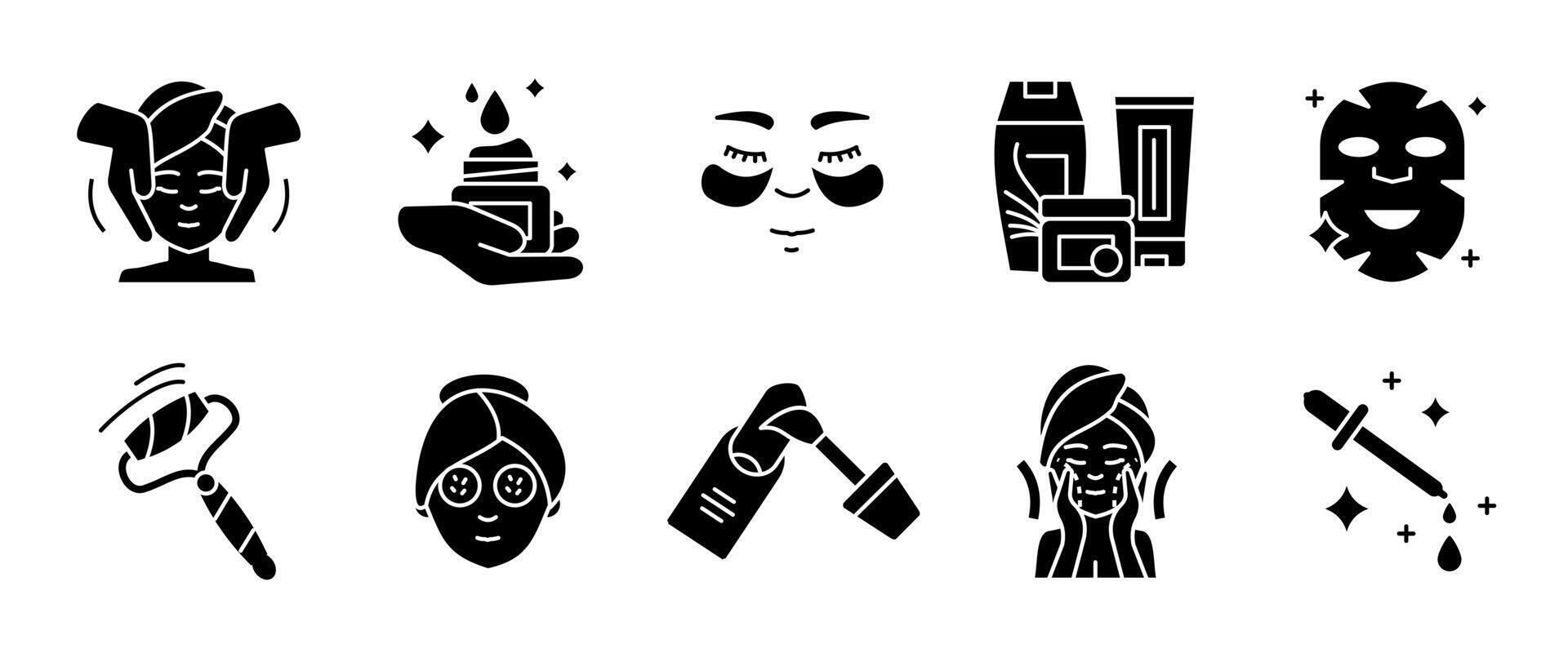 Skincare icon set. Beauty care elements including face masks, creams, rollers and cosmetic bottles. Facial treatment and wellness routine glyph symbol. Spa black sign. Hygiene and self-care pictogram vector